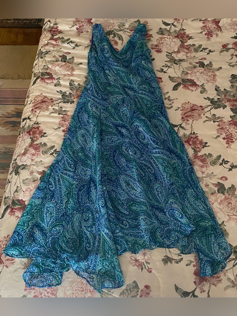Jones New York Chiffon Tiered Floral Blue Paisley Maxi Dress size 8